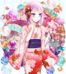 Rule 34 | 1girl, blue eyes, flower, flower on head, hair ornament, japanese clothes, kay (utd), kimono, looking away, original, purple hair, rose, short hair, solo