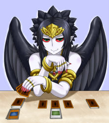 Rule 34 | 1girl, armband, bare shoulders, black hair, black wings, body blush, bracelet, card, colored sclera, duel monster, emblem, fabled grimro, feathers, female focus, fingernails, green eyes, hair ornament, head rest, holding, holding card, jewelry, long fingernails, long hair, long image, looking at viewer, monster girl, multicolored eyes, nail polish, necklace, pale skin, pataneet, playing card, playing games, pointy ears, pov, purple background, red nails, red sclera, ring, shadow, shiny skin, simple background, smile, solo, table, tall image, tiara, updo, upper body, wings, yu-gi-oh!, yu-gi-oh! duel monsters, yu-gi-oh (card)