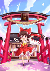 Rule 34 | 1girl, bare shoulders, bow, brown hair, cherry blossoms, chiba sadoru, chibi, deformed, detached sleeves, hair bow, hair tubes, hakurei reimu, hand up, open mouth, petals, ponytail, red eyes, shrine, solo, torii, touhou