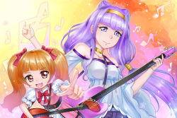 Rule 34 | 2girls, :d, aisaki emiru, belt, blue belt, blunt bangs, bow, bowtie, brown hair, cone hair bun, crazypen, double bun, floating hair, hair bow, hair bun, hairband, holding, holding instrument, hugtto! precure, index finger raised, instrument, long hair, long sleeves, looking at viewer, multiple girls, nail polish, off-shoulder shirt, off shoulder, open mouth, outstretched arm, pink nails, precure, purple eyes, purple hair, red bow, red eyes, red neckwear, ruru amour, shirt, smile, twintails, very long hair, white shirt, wide sleeves, yellow hairband
