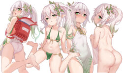 Rule 34 | 1girl, ass, back, bag, barefoot, bikini, blush, braid, breasts, chestnut mouth, closed mouth, completely nude, covered navel, covering privates, dress, feet, female focus, front-tie top, genshin impact, gradient hair, green eyes, green hair, groin, hair between eyes, hair ornament, highres, knees, leaf, leaf bikini, legs, long hair, looking at viewer, midriff, milkshakework, multicolored hair, multiple views, nahida (genshin impact), navel, nude, nude cover, open mouth, panties, pantyshot, pointy ears, school bag, side-tie bikini bottom, side ponytail, sidelocks, simple background, sitting, small breasts, stomach, swimsuit, symbol-shaped pupils, thighs, toenails, toes, towel, underwear, wariza, white background, white hair