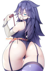 Rule 34 | 1girl, artist name, ass, bare shoulders, belt, between buttocks, black hair, black leotard, blue eyes, boku no hero academia, commentary, domino mask, english commentary, from behind, garter straps, grin, hair between eyes, holding, holding whip, hot vr, leotard, long hair, looking at viewer, mask, midnight (boku no hero academia), mouth hold, paid reward available, purple thighhighs, simple background, smile, solo, spiked hair, standing, thigh gap, thighhighs, white background