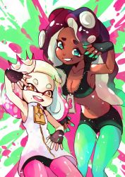 Rule 34 | + +, :d, azuumori, black gloves, black shorts, blonde hair, blue eyes, breasts, buck teeth, cephalopod eyes, cleavage, commentary, crown, dark-skinned female, dark skin, english commentary, fingerless gloves, gloves, green legwear, hand up, height difference, horizontal pupils, inkling, leaning forward, long hair, looking at viewer, marina (splatoon), mole, mole under mouth, navel, nintendo, octoling, open mouth, paint splatter, pantyhose, pantyhose under shorts, pearl (splatoon), pink hair, pink legwear, red hair, shorts, smile, splatoon (series), splatoon 2, teeth, tentacle hair, tilted headwear, upper teeth only