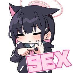 Rule 34 | 1girl, animal ears, black choker, black hair, black jacket, blue archive, blush, cat ears, chibi, choker, closed eyes, colored inner hair, english text, extra ears, flame tsukushi, hair ornament, hairclip, halo, highres, jacket, kazusa (blue archive), long sleeves, multicolored hair, ok sign, penetration gesture, pink hair, pink halo, short hair, solo, sweatdrop, transparent background, two-tone hair, upper body