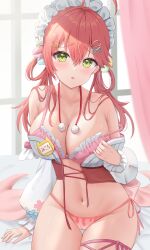 Rule 34 | 1girl, absurdres, bra, breasts, corset, curtains, frills, green eyes, hair ornament, hair rings, hairclip, highres, hololive, large breasts, long hair, low twintails, maid headdress, navel, panties, parted lips, pink bra, pink hair, pink panties, pom pom (clothes), raised eyebrows, sakura miko, sakura miko (new year), side-tie panties, sitting, solo, stomach, strap slip, twintails, underwear, uni ikura, virtual youtuber, window