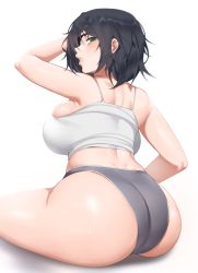 Rule 34 | 1girl, absurdres, ass, ass focus, back, backboob, black hair, breasts, chainsaw man, curvy, eyepatch, from behind, green eyes, grey panties, highres, himeno (chainsaw man), huge ass, kevbot, large breasts, looking at viewer, looking back, panties, parted lips, short hair, sideboob, sitting, solo, tank top, thighs, underwear, wide hips