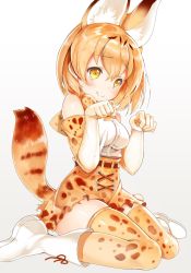 Rule 34 | 10s, 1girl, animal ears, blush, boots, bow, bowtie, breasts, elbow gloves, gloves, highres, kemono friends, looking at viewer, orange bow, orange bowtie, orange gloves, orange hair, orange thighhighs, serval (kemono friends), serval tail, short hair, sibyl, small breasts, smile, solo, tail, thighhighs, yellow eyes