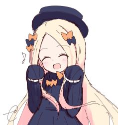 Rule 34 | 1girl, :d, ^ ^, abigail williams (fate), black bow, black dress, black hat, blonde hair, blush, bow, closed eyes, commentary request, dress, eighth note, facing viewer, fate/grand order, fate (series), forehead, hair bow, hands up, hat, head tilt, kujou karasuma, long hair, long sleeves, musical note, open mouth, orange bow, parted bangs, polka dot, polka dot bow, signature, simple background, sketch, sleeves past fingers, sleeves past wrists, smile, solo, upper body, very long hair, white background