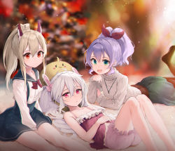 Rule 34 | 3girls, :d, ahoge, animal ears, aqua eyes, arm rest, ayanami (azur lane), azur lane, bare arms, bare legs, bare shoulders, between legs, black legwear, black skirt, blonde hair, bloomers, blue sailor collar, blue skirt, blurry, blurry background, blush, bow, bowtie, camisole, christmas, christmas tree, collarbone, commentary request, depth of field, frilled shirt, frills, hair between eyes, hair intakes, hair ribbon, hand on own stomach, hand up, headgear, high-waist skirt, highres, javelin (azur lane), jewelry, kiyosato 0928, knees up, laffey (azur lane), leg up, light particles, light purple hair, long hair, long sleeves, looking at viewer, lying, miniskirt, multiple girls, navel, necklace, no shoes, on back, on stomach, open mouth, pantyhose, parted lips, pink bloomers, pink eyes, ponytail, purple shirt, rabbit ears, red eyes, red neckwear, red ribbon, ribbed sweater, ribbon, sailor collar, shirt, sidelocks, sitting, skirt, sleeves past wrists, smile, stomach, suspender skirt, suspenders, sweater, thighs, turtleneck, turtleneck sweater, twintails, underwear, wavy hair, white hair, white shirt