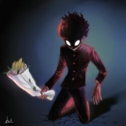Rule 34 | 1boy, black jacket, black pants, blank eyes, blue background, bouquet, buttons, clenched hand, crack, cracked floor, fiery hair, floating hair, flower, gakuran, glowing, glowing eyes, holding, holding bouquet, jacket, kageyama shigeo, kneeling, long sleeves, milifeimili, mob psycho 100, no pupils, pants, school uniform, shaded face, signature, solo, white eyes, yellow flower