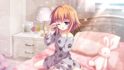 Rule 34 | 1girl, ahoge, bare legs, barefoot, bedroom, between legs, blue eyes, chest of drawers, collarbone, dot nose, drawing (object), film grain, flower, game cg, hand between legs, heart, heart print, indoors, izumi tsubasu, lamp, lens flare, looking at viewer, non-web source, official art, on bed, one eye closed, open mouth, orange hair, oversized clothes, oversized shirt, paw print, paw print pattern, re:stage!, red flower, red rose, rose, rubbing eyes, shikimiya mana, shirt, short hair, sidelocks, single off shoulder, sitting, sleepy, solo, sparkle, stuffed animal, stuffed rabbit, stuffed toy, sunlight, wariza, wooden floor, yellow flower, yellow rose