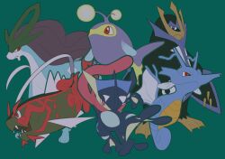 Rule 34 | basculegion, blue eyes, closed mouth, creatures (company), empoleon, fangs, fish, game freak, gen 2 pokemon, gen 4 pokemon, gen 6 pokemon, green background, greninja, highres, kingdra, lanturn, legendary pokemon, nintendo, no humans, open mouth, pink eyes, pokemon, red eyes, simple background, suicune, tongue, v (govvvvw)