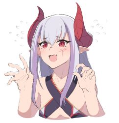 Rule 34 | 1girl, :d, bare arms, bare shoulders, claw pose, commentary, criss-cross halter, cropped torso, dragon girl, dragon horns, facial mark, fang, flat chest, flying sweatdrops, hair between eyes, halterneck, hands up, horns, ibuki notsu, light purple hair, long hair, melusine (ibuki notsu), open mouth, original, pointy ears, red eyes, sidelocks, simple background, skin fang, smile, solo, upper body, white background