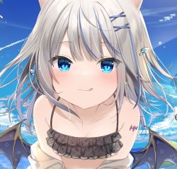 Rule 34 | 1girl, :q, bare shoulders, bat wings, bikini, black bikini, blue hair, blue sky, closed mouth, cloud, collarbone, commentary request, day, grey hair, hair ornament, hairclip, leaning forward, long hair, looking at viewer, mafuyu (chibi21), multicolored hair, original, outdoors, purple wings, sky, smile, solo, star (symbol), streaked hair, swimsuit, tongue, tongue out, water drop, wings, x hair ornament