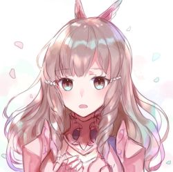 Rule 34 | 1girl, armor, bad id, bad twitter id, brown eyes, brown hair, fire emblem, fire emblem awakening, fire emblem heroes, hair ornament, long hair, nintendo, open mouth, petals, repu (rep sha), shoulder armor, simple background, solo, sumia (fire emblem), white background, winged hair ornament