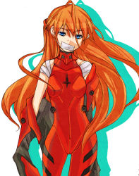 Rule 34 | 1girl, bandages, blue eyes, female focus, gag, hair ornament, improvised gag, ironmaskbear, long hair, neon genesis evangelion, orange hair, plugsuit, solo, souryuu asuka langley, tape, tape gag, white background