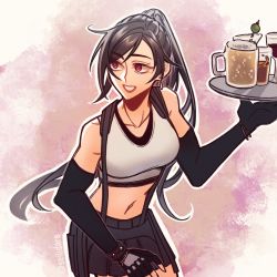 Rule 34 | 1girl, bare shoulders, bartender, black hair, black skirt, breasts, brown hair, crop top, cup, detached sleeves, earrings, final fantasy, final fantasy vii, final fantasy vii remake, fingerless gloves, gloves, highres, holding, holding plate, jewelry, long hair, midriff, navel, open mouth, plate, ponytail, red eyes, seilidare, skirt, solo, square enix, suspender skirt, suspenders, tank top, tifa lockhart, white tank top