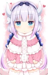 Rule 34 | 10s, 1girl, blue eyes, capelet, commentary request, dragon girl, hair bobbles, hair ornament, hairband, heart, highres, kanna kamui, kobayashi-san chi no maidragon, light purple hair, long hair, looking at viewer, low twintails, lucky keai, slit pupils, solo, thighhighs, thighs, twintails, white thighhighs, zettai ryouiki