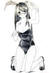 Rule 34 | 1girl, animal ears, bare shoulders, blush, bolze, breasts, cleavage, fake animal ears, female focus, full body, glasses, greyscale, high heels, kneeling, large breasts, long hair, monochrome, original, pantyhose, playboy bunny, rabbit ears, rabbit tail, shoes, solo, tail, white background, wrist cuffs