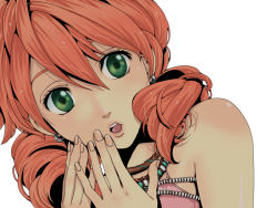 Rule 34 | 10s, 1girl, bad id, bad pixiv id, coco-nattou, coco (nattou), earrings, face, final fantasy, final fantasy xiii, green eyes, jewelry, oerba dia vanille, open mouth, orange hair, short twintails, simple background, solo, twintails, white background