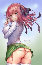 Rule 34 | 1girl, ass, blouse, blue eyes, blunt bangs, blush, breasts, butt crack, come hither, from behind, go-toubun no hanayome, hair ribbon, highres, kaptivate, large breasts, long hair, looking at viewer, looking back, nakano nino, red hair, ribbon, school uniform, shiny skin, shirt, skirt, smile, solo, thighhighs, thong, tongue, tongue out, twintails, two side up, underwear, wedgie, white shirt, white thighhighs