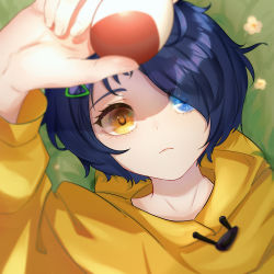 Rule 34 | 1girl, absurdres, arm up, blue eyes, blue hair, closed mouth, dark blue hair, egg, foreshortening, hair ornament, hairclip, heterochromia, highres, holding, holding egg, hood, hoodie, liu liaoliao, looking at object, looking up, lying, on back, ooto ai, short hair, triangle hair ornament, wonder egg priority, yellow eyes, yellow hoodie