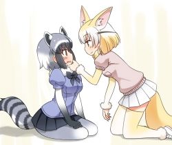 Rule 34 | 10s, 2girls, animal ear fluff, animal ears, black hair, black neckwear, blonde hair, blouse, blue shirt, blush, bow, bowtie, brown eyes, clenched hand, closed mouth, common raccoon (kemono friends), elbow gloves, extra ears, fennec (kemono friends), fox ears, fox tail, from side, frown, fur collar, gloves, grabbing another&#039;s chin, grey hair, grey legwear, hand on another&#039;s chin, hand on lap, kemono friends, kneeling, leaning forward, looking at another, multicolored hair, multiple girls, open mouth, pantyhose, pink sweater, pleated skirt, puffy short sleeves, puffy sleeves, raccoon ears, raccoon tail, shadow, shirt, short hair, short sleeves, sitting, skirt, smile, striped tail, sweatdrop, sweater, tail, thighhighs, umekichi, wavy mouth, white skirt, yellow legwear, yokozuwari, yuri