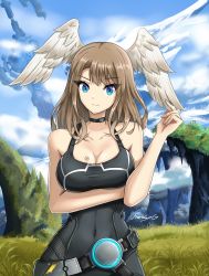 Rule 34 | 1girl, black bodysuit, black choker, blue pupils, bodysuit, breasts, choker, eunie (xenoblade), fgsketch, glowing lines, head wings, highres, jacket, large breasts, leather, solo, tattoo, white wings, wings, xenoblade chronicles (series), xenoblade chronicles 3