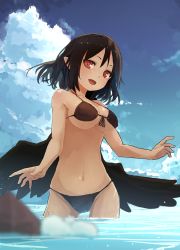 Rule 34 | 1girl, bare arms, bare shoulders, bikini, black bikini, black hair, black wings, blue sky, blurry, blurry foreground, breasts, cleavage, cloud, commentary request, contrapposto, day, depth of field, feathered wings, front-tie bikini top, front-tie top, futatsuki eru, halterneck, halterneck, hat, head tilt, large breasts, looking at viewer, navel, ocean, outdoors, outstretched arms, pointy ears, pom pom (clothes), red eyes, shameimaru aya, sky, smile, solo, standing, stomach, summer, swimsuit, tan, tokin hat, touhou, underboob, wading, wet, wings