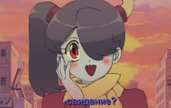 Rule 34 | 1990s (style), 1girl, blue skin, blush, colored skin, cyrillic, firemauer, hair over one eye, highres, leviathan (skullgirls), looking at viewer, open mouth, red eyes, retro artstyle, short hair, skullgirls, smile, solo, squigly (skullgirls), stitched mouth, stitches
