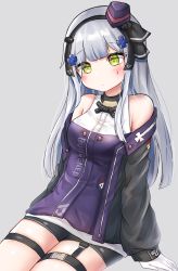 Rule 34 | 1girl, absurdres, bad id, bad pixiv id, bare shoulders, black shorts, blush, clothes writing, dress, expressionless, german flag, girls&#039; frontline, gloves, green eyes, grey background, grey eyes, hair ornament, hair ribbon, hat, head tilt, highres, hk416 (girls&#039; frontline), hk416 (mod3) (girls&#039; frontline), honyang, jacket, long hair, looking at viewer, mini hat, mod3 (girls&#039; frontline), off shoulder, open clothes, open jacket, purple dress, ribbon, shorts, simple background, sitting, solo, tattoo, thigh strap, white gloves