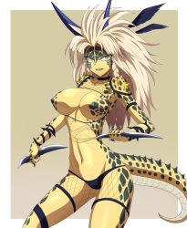 Rule 34 | 1girl, absurdres, bra, breasts, cleavage, dagger, feathers, fishnets, green eyes, highres, horns, knife, lizard tail, long hair, monster girl, one-punch man, panties, reptera, reptile girl, reverse grip, scales, tail, underwear, weapon