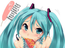 Rule 34 | 1boy, 1girl, blue eyes, blue hair, blush, cheek bulge, fellatio, handjob, hard-translated, hatsune miku, headset, hetero, hot dog, imazon, ketchup, motion blur, mustard, oral, penis, penis hot dog, pov, sexually suggestive, simple background, tears, third-party edit, translated, twintails, uncensored, vocaloid, what, white background