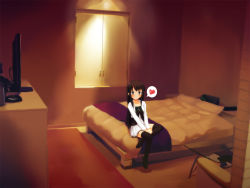 Rule 34 | 1girl, bed, bedroom, between thighs, black hair, blush, chest of drawers, heart, hotel room, kuroba (f-15c eagle), legs, long hair, original, sitting, smile, solo, spoken heart, thighhighs, v arms, zettai ryouiki