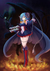 Rule 34 | 1boy, 1girl, absurdres, ascot, black cape, black footwear, black gloves, black ribbon, blue hair, boots, breasts, buttons, cape, chain, cleavage, cloudrx782, commentary request, demon, demon horns, demon wings, double-breasted, dress, elbow gloves, fingernails, fire, full body, gloves, glowing, glowing eye, glowing eyes, gradient hair, green eyes, hair between eyes, hair ribbon, hand up, highres, holding, horns, knee boots, lapis (sennen sensou aigis), long hair, looking at viewer, medium breasts, multicolored hair, orange hair, parted lips, pointy ears, profile, purple hair, red footwear, red ribbon, ribbon, saliva, sennen sensou aigis, sharp fingernails, sharp teeth, sheep horns, short dress, sleeveless, sleeveless dress, standing, tail, teeth, wings, wrist cuffs, yellow eyes