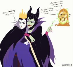 Rule 34 | !?, 2girls, balaclava, baz neko, black robe, blush, cape, closed mouth, collarbone, colored sclera, colored skin, crossed arms, crown, disney, dress, english text, eyeshadow, fingernails, gown, green eyes, green skin, hand up, highres, horns, hug, hug from behind, lipstick, magic, magic mirror (snow white), makeup, maleficent, mirror, multiple girls, nail polish, pout, queen (snow white), queen grimhilde, robe, rope, signature, simple background, sleeping beauty, smile, snow white and the seven dwarfs, sweatdrop, talking, voice actor connection, white background, white skin, yellow sclera, yuri