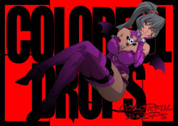 Rule 34 | 1girl, black hair, boots, breasts, cleavage, dark skin, dark-skinned female, demon girl, female focus, full body, hand on own face, jewelry, koutarou, ponytail, red eyes, red theme, sitting, skull, smile, solo, thigh boots, thighhighs, wings