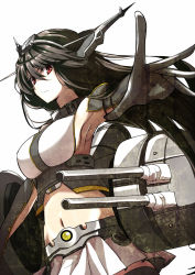 Rule 34 | 10s, 1girl, armpits, belt, black hair, black thighhighs, cannon, character name, foreshortening, gloves, hair ornament, kantai collection, kuronuko neero, long hair, midriff, navel, personification, red eyes, skirt, solo, thighhighs, vambraces, white background