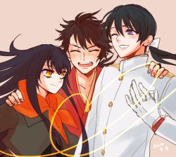 Rule 34 | 10s, 1girl, 2boys, ^ ^, black hair, brown hair, closed eyes, crossover, dress, closed eyes, fate/grand order, fate (series), gloves, hand on another&#039;s shoulder, heart, heart of string, japanese clothes, multiple boys, mutsu-no-kami yoshiyuki, one eye closed, open mouth, oryou (fate), ponytail, purple eyes, sakamoto ryouma (fate), smile, touken ranbu, white gloves, yellow eyes, yuya (aruka)