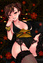 Rule 34 | 1girl, alternate costume, black thighhighs, blush, breasts, brown eyes, brown hair, capcom, chun-li, collarbone, cum, cum in mouth, cum on tongue, curvy, double bun, female focus, fishnet thighhighs, fishnets, garter belt, hair bun, hip focus, large breasts, licking, licking finger, mosho, naughty face, open mouth, pelvic curtain, saliva, smile, solo, street fighter, thighhighs, tongue