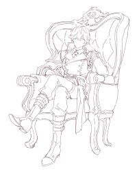 Rule 34 | 1boy, book, boots, chair, closed mouth, code vein, grey background, hair over one eye, crossed legs, lineart, loladestiny, male focus, necktie, open book, resting, simple background, sitting, sketch, solo