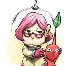 Rule 34 | 1girl, arms up, bags under eyes, black eyes, brittany (pikmin), buttons, closed mouth, colored skin, commentary request, eyelashes, glasses, gloves, half-closed eyes, helmet, holding another&#039;s wrist, leaf, light frown, naru (wish field), nintendo, no mouth, pikmin (creature), pikmin (series), pink gloves, pink hair, pink skirt, pointy nose, radio antenna, red-framed eyewear, red pikmin, red skin, short hair, skirt, solid eyes, space helmet, spacesuit, triangular eyewear, upper body, whistle, white background