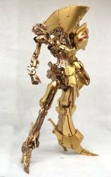 Rule 34 | clenched hands, five star stories, highres, kazuyoshi kaneko, knight of gold, looking down, mecha, model kit, model kit (medium), mortar headd, no humans, photo (medium), red eyes, robot, solo, standing, unconventional media, unworn armor
