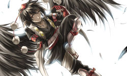 Rule 34 | 1girl, backlighting, bird wings, black hair, black wings, feathers, female focus, fingerless gloves, gauntlets, gloves, hat, hat ribbon, jacket, looking at viewer, na (801039), open clothes, open jacket, pants, pointing, pointing at self, pointy ears, red eyes, red gloves, ribbon, ruukii drift, shameimaru aya, shirt, simple background, smirk, solo, tokin hat, touhou, uneven eyes, white background, wings