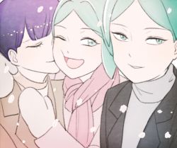 Rule 34 | 3others, alternate costume, androgynous, aqua eyes, aqua hair, blue hair, closed eyes, contemporary, gloves, green eyes, green hair, high collar, houseki no kuni, hug, kiss, kissing cheek, matching hair/eyes, multiple others, multiple persona, mydeerwitch, one eye closed, open mouth, phosphophyllite, phosphophyllite (ll), sandwiched, scarf, short hair, smile, spoilers