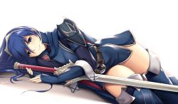 Rule 34 | 1girl, armor, artist name, belt, blue cape, blue eyes, blue footwear, blue gloves, blue hair, blush, boots, cape, closed mouth, commentary, dutch angle, elbow gloves, emblem, falchion (fire emblem), fingerless gloves, fire emblem, fire emblem awakening, gloves, hair between eyes, long hair, looking at viewer, lucina (fire emblem), lying, nintendo, on side, pauldrons, shoulder armor, shoulder pads, simple background, solo, striped clothes, striped thighhighs, sword, symbol-shaped pupils, tareme, thigh boots, thigh gap, thighhighs, thighs, tiara, tony guisado, unsheathed, vertical-striped clothes, vertical-striped thighhighs, weapon, white background