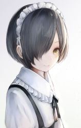 Rule 34 | 1girl, asymmetrical hair, black hair, brown eyes, hair over one eye, highres, looking at viewer, maid, maid headdress, making-of available, original, shimada sarasara, short hair, simple background, smile, upper body, white background