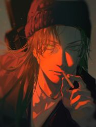 Rule 34 | 1boy, absurdres, akai shuuichi, beanie, black hat, black jacket, bright pupils, brown hair, cigarette, cmpovar, commentary, green eyes, grey background, gun, hair over one eye, hand up, hat, highres, holding, holding cigarette, jacket, light particles, long hair, looking at viewer, male focus, meitantei conan, mouth hold, parted bangs, portrait, sidelighting, solo, weapon, weapon on back