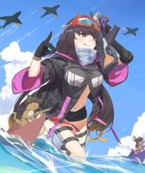 Rule 34 | bike shorts, black gloves, black hair, black jacket, black shorts, blonde hair, blue sky, blush, breasts, brown hair, cloud, commentary request, day, fate/grand order, fate (series), gloves, goggles, goggles on head, gradient hair, gun, holding, holding gun, holding weapon, holster, jacket, large breasts, lempika, licking lips, long hair, midriff, multicolored hair, navel, origami, osakabehime (fate), osakabehime (swimsuit archer) (fate), osakabehime (swimsuit archer) (first ascension) (fate), paper airplane, partially submerged, rifle, shikigami, shorts, sky, solo, sparkle, swimsuit, thigh strap, tongue, tongue out, very long hair, wading, walking, water, weapon