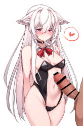 Rule 34 | 1boy, 1girl, 5danny1206, absurdres, animal ears, bar censor, breasts, censored, cleavage, cleft of venus, closed mouth, highres, long hair, looking at viewer, medium breasts, penis, red eyes, simple background, smile, solo focus, white background, white hair